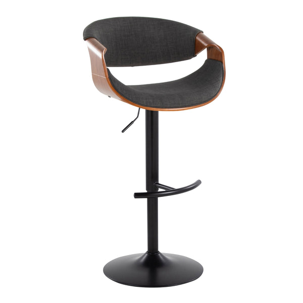 English Elm Curvo Mid-Century Adjustable Swivel Barstool with Walnut Accent, Black Metal Base and Fabric Seat Charcoal B202S00800
