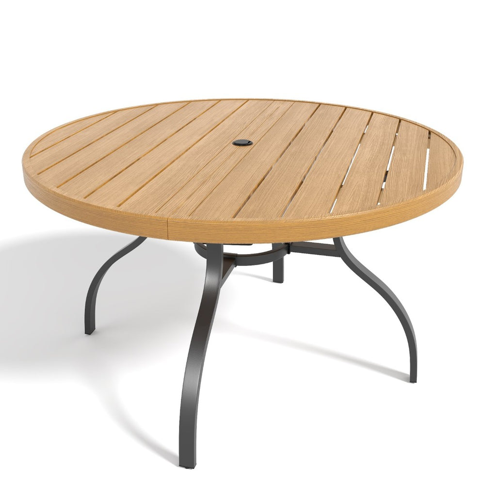 English Elm "round Faux Wood Slat Top Outdoor Dining Table 47 Inch Iron Base Patio Garden Black+Natural W3979P402408