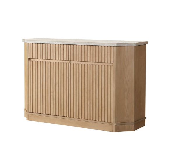 English Elm Qwin Marble Top Oak Finish Dining Server with Dovetail Drawers and Open Display Shelf B2726P246617