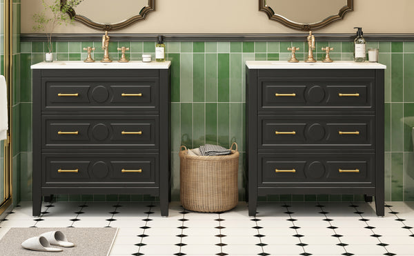 English Elm 60'' Elegant Black Bathroom Vanity Set With Ceramic Sink, 6 Drawers, Solid Wood Frame & Storage N710SS00003B