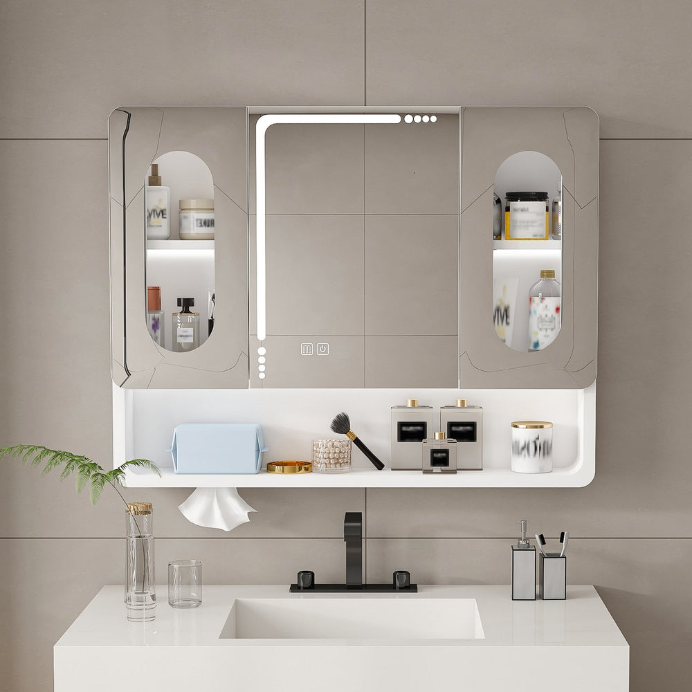 English Elm Wall Mounted Bathroom Mirror Cabinet LED Anti-Fog Explosion-Proof Touch Control 3-Color Lighting, Defogger, Spacious Aluminum Storage with Hooks and Mask Rack W2700P350174