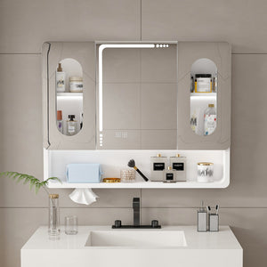 English Elm Wall Mounted Bathroom Mirror Cabinet LED Anti-Fog Explosion-Proof Touch Control 3-Color Lighting, Defogger, Spacious Aluminum Storage with Hooks and Mask Rack W2700P350174