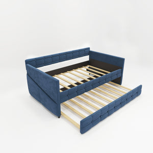 English Elm BLUE Velvet Upholstered Twin Daybed with Removable Trundle, Rubberwood Slats, Wheels, No Box Spring Required, Compact Chic Design W1867S00005