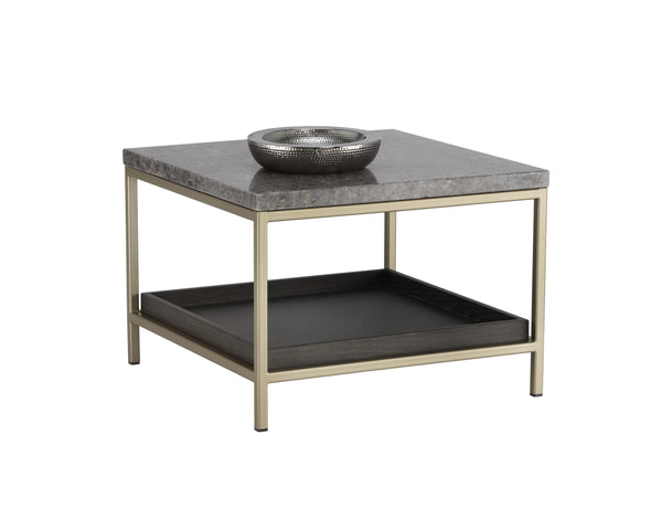 Sunpan Arden Rustic End Table with Grey Marble Top & Oak Shelf in Gold Iron Frame - Stylish & Unique Décor
