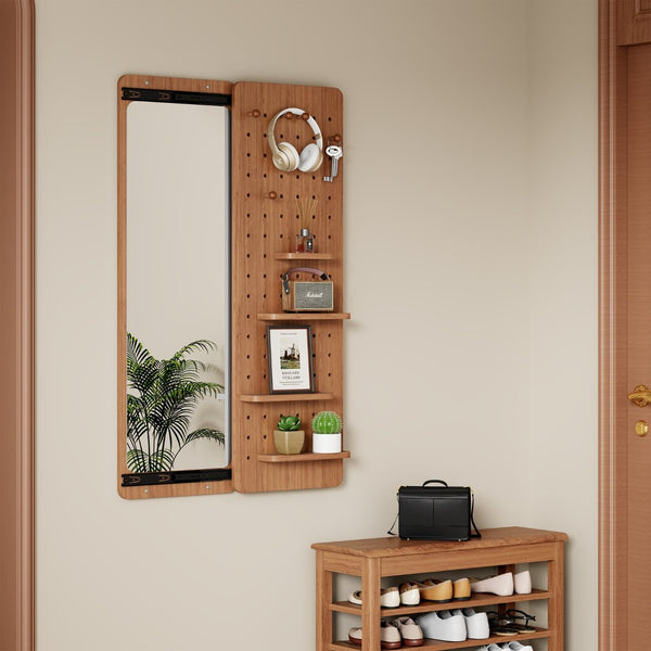 English Elm 47.6 Inch Rubberwood Wall Mirror with Sliding Panel Storage for Bedroom or Entryway W2987P438124