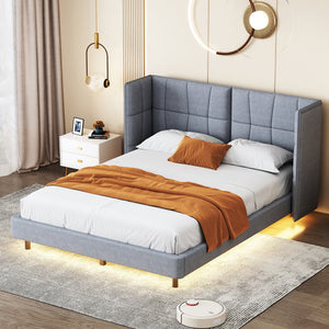 English Elm Queen Upholstered Platform Bed with LED Lights, U-Shaped Headboard, Linen Fabric, Sturdy Metal Legs Gray SF000151AAE