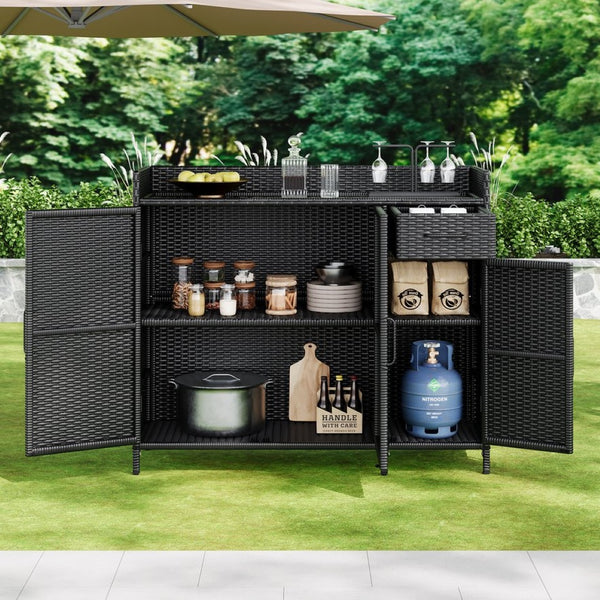 English Elm K&k Outdoor Wicker Bar Cabinet with Tempered Glass Top Adjustable Shelving and Drawer Black Brown N707P233745B