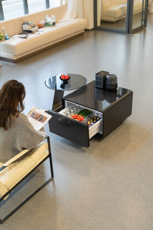 English Elm Modern Coffee Table with Built in Mini Fridge Power Outlets and Beverage Storage Black W1172P483596