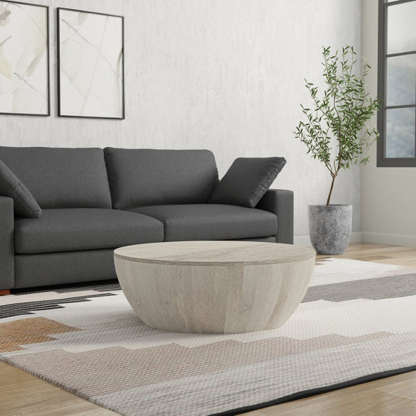 English Elm Elmbrook Round Mango Wood Coffee Table Low Profile Drum Design for Modern Living Rooms White B136P429102