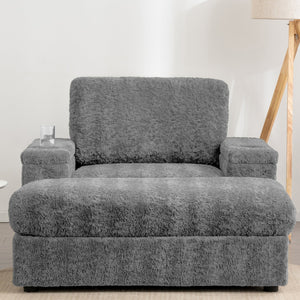 English Elm 42" Oversized Chaise Lounge Faux Rabbit Fur Sofa Bed with Storage Ottoman, Cup Holder, Reclining Cozy Seat N723P232726E