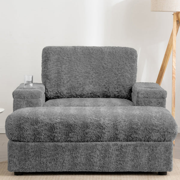 English Elm 42" Oversized Chaise Lounge Faux Rabbit Fur Sofa Bed with Storage Ottoman, Cup Holder, Reclining Cozy Seat N723P232726E