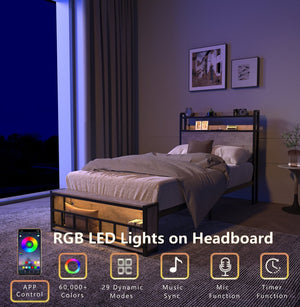 English Elm Twin Bed Frames with Storage Headboard, Built-In USB/Type-C Charging, LED Light, Space-Saving Design Black+ Gray W2129P314786