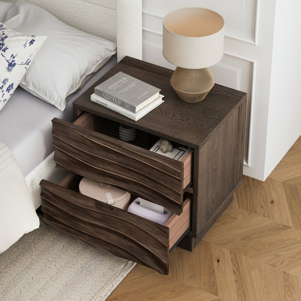 English Elm Farmhouse Nightstand Pine Wood Four Drawer Storage with Pull Out Tray Gourd Legs Brown W1716P390991
