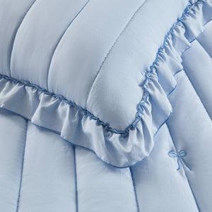 English Elm 3-piece Reversible Microfiber Quilt Set Bow Embroidery Ruffled Trim Romantic Bedroom Blue B035P482883