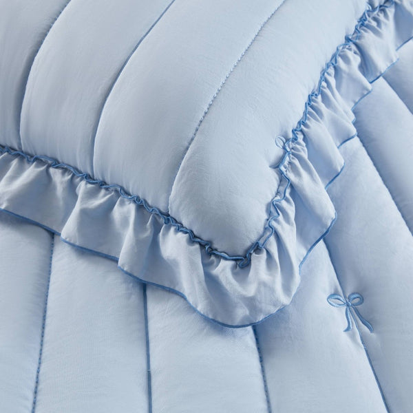 English Elm 3-piece Reversible Microfiber Quilt Set Bow Embroidery Ruffled Trim Romantic Bedroom Blue B035P482883