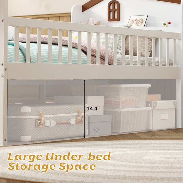 English Elm Twin Bed Frame with Storage Drawers and House Headboard, Kids Platform Bed with Guardrail Ladder and Shelf White 49.3 L x 16.25 W x 7.75 H N733S278032K