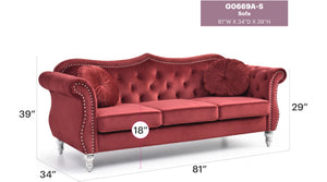 English Elm Hollywood Velvet Tufted Sofa with Nailhead Trim, Pocketed Coil Cushions, Hardwood Frame Elegance Burgundy 25 L x 24 W x 39 H B078S00142