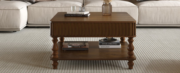English Elm 31.5 Lift-Top Coffee Table with Hydraulic Raise, Fluted Wood Slats, Hidden Compartment & Shelf Walnut Brown W1445P355641