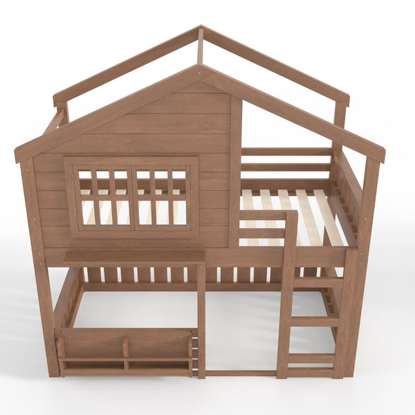 English Elm Full Bunk Bed with Trundle Bookshelf Storage Pine Frame Car Design for Kids W1580S00521