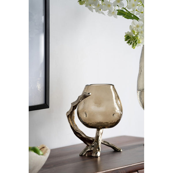 English Elm 8.5x7.1x10.4" Sculptural Olive Glass Pillar Holder on Gold Aluminum Legs W2078P490403