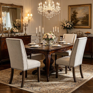 English Elm Set of 2 Wingback Dining Chairs Gray Fabric Bronze Nailhead Trim Wood Legs Formal B2770P508320