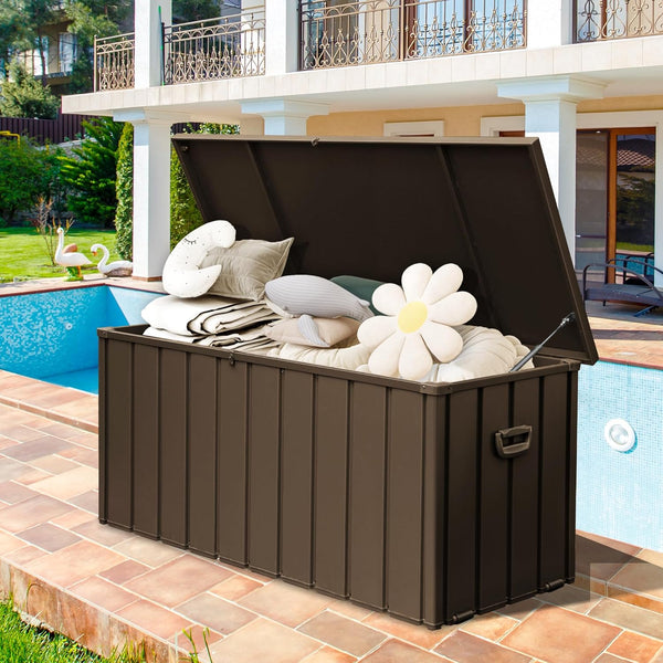 English Elm 190 Gallon Metal Deck Box Waterproof Steel Outdoor StorageBench with Lock, Wheels, Hydraulic Pistons Dark Brown W1859P404346