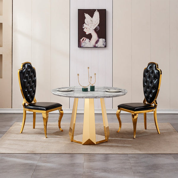 English Elm 47" Round Marble Dining Table - Chic Faux Marble Top & Gold Stainless Steel Base - Versatile & Durable Design For Any Space W3456S00009