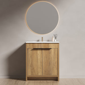 English Elm 30 Inch Floating Bathroom Vanity Fluted Wood Grain Front with Ceramic Integrated Sink W3520S00046