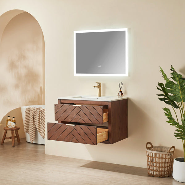 English Elm 30" Tiered Wall Mounted Floating Single Vanity with Ceramic Sink, Plywood Durable Design & Storage Space W1826P343433