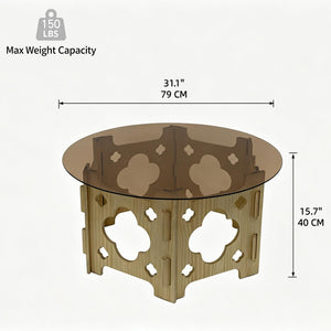 English Elm Round Carved Wood Base Coffee Table with Tea Glass Top for Modern Living Rooms W3935P481195