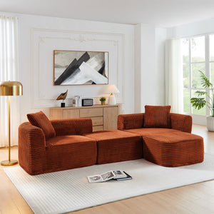 English Elm 114" Cloud Sectional Couch with L-Shape Chaise Modular Corduroy Sofa with Movable Ottoman, No Assembly Required, Plush Comfort for Living Spaces Orange W1117P371653