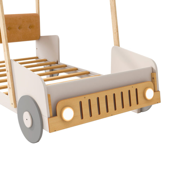 English Elm Wood Twin Car Bed with Pillow, Ceiling Canopy & LED Night Lights, Solid Pine Frame, Fun Kids Ride Bed - Twin Size, Natural Finish WF309288AAM