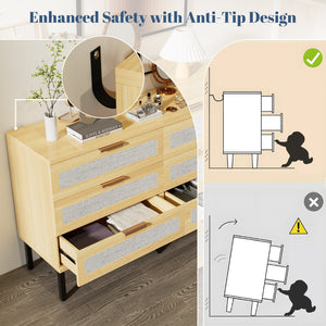 English Elm 6 Drawer Oak Dresser with Linen Fronts and Metal Legs for Modern Bedroom Storage T3773P422847