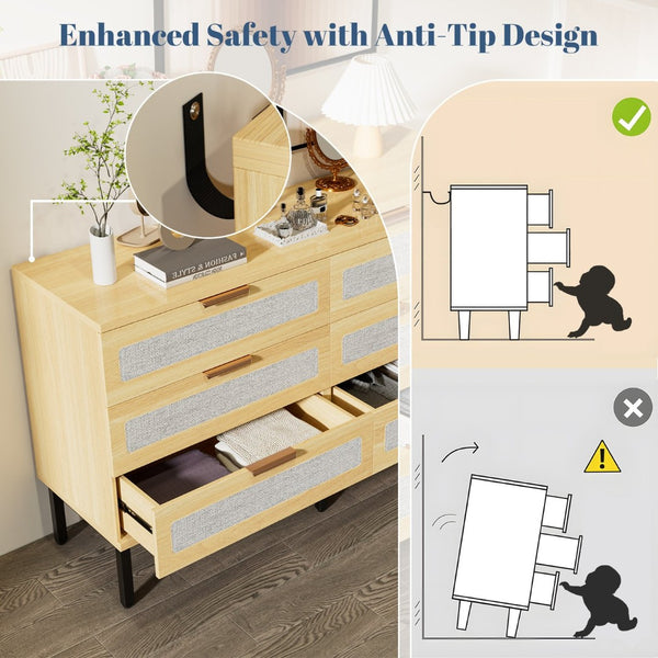 English Elm 6 Drawer Oak Dresser with Linen Fronts and Metal Legs for Modern Bedroom Storage T3773P422847
