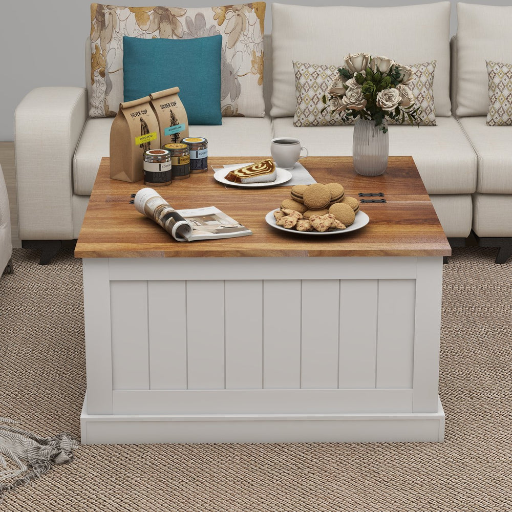 English Elm 31.5" Farmhouse Coffee Table with Hinged Lift Top, Rustic Square Wood Center Table w/Hidden Storage White W282P160415