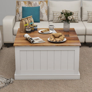 English Elm 31.5" Farmhouse Coffee Table with Hinged Lift Top, Rustic Square Wood Center Table w/Hidden Storage White W282P160415