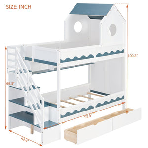 English Elm Twin Over Kids Bunk Bed with Castle Roofline Led Lights and Staircase Storage White N820S00068K