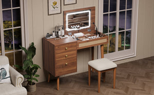 English Elm 39" Retro Bohemian Vanity Desk with Flip-Top Mirror & LED Lights, Rattan Drawers, 3-Drawer Storage, Walnut Finish N733P361800D