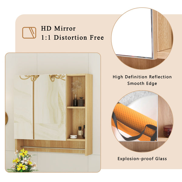 English Elm Bathroom Mirror Cabinet Burly Wood 2-in-1 Wall Mount Storage with HD Mirror, Shelves, Towel Rack W3226P278933