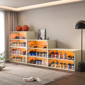English Elm Off White Led Shoe Box Display Cabinet - 3-Tier Glass Door Storage For 6 Sneakers With Lights W1320P183134