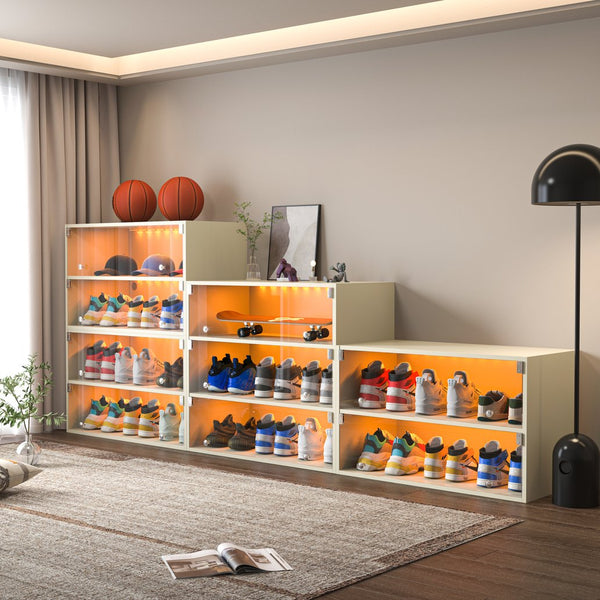 English Elm Off White Led Shoe Box Display Cabinet - 3-Tier Glass Door Storage For 6 Sneakers With Lights W1320P183134