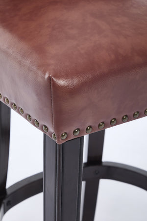 English Elm Bar Stools Set Of 2 - 29.5" Brown Leather & Hardwood Frame, Stylish Comfort For Home Bars & Dining W2195P290198
