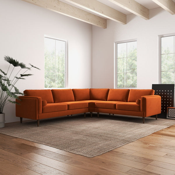 English Elm Ashcroft Furniture - Amber Mid-Century Burnt Orange Velvet Corner Sectional Sofa with Tapered Walnut Legs, Removable Cushions B183S00074