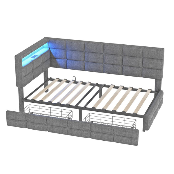 English Elm Upholstered Twin Daybed with 2 Under-Bed Drawers, Headboard Storage, USB-C Charging & LED Lights Gray 41.31 L x 21.42 W x 13.37 H N733P285121E