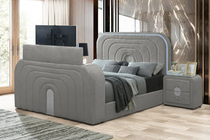 English Elm Shelyn Teddy Sherpa Queen Bed with LED Headboard, Fireplace TV Lift, Bluetooth Speakers & Storage Gray 85.83 L x 12.6 W x 6.1 H B2726S00529