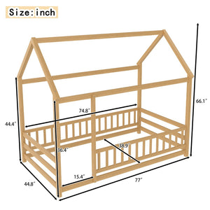 English Elm Twin Pine House Frame Floor Bed with Peaked Roof and Fence Guardrails for Kids Natural W1858P389939