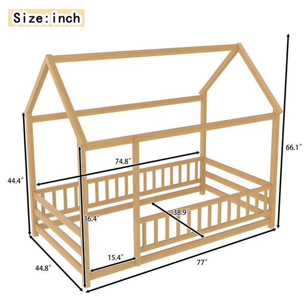 English Elm Twin Pine House Frame Floor Bed with Peaked Roof and Fence Guardrails for Kids Natural W1858P389939