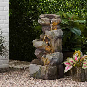 English Elm Christopher Knight Home® - APACHE 4 Tier Fountain Stone Gray - Faux Stone Waterfall with LED Lights, Weather-Resistant 34" 71794.00SGRY
