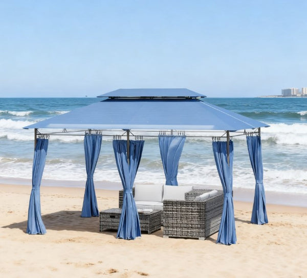 English Elm Outdoor Large Patio Gazebo Steel Frame Double Tier Canopy with Curtains for Backyard Dark Blue T3971P426865