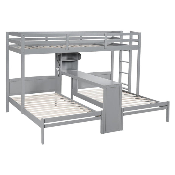 English Elm Twin Triple Bunk Bed with Built in Desk Open Shelving and Led Task Lighting Gray N7090002243E